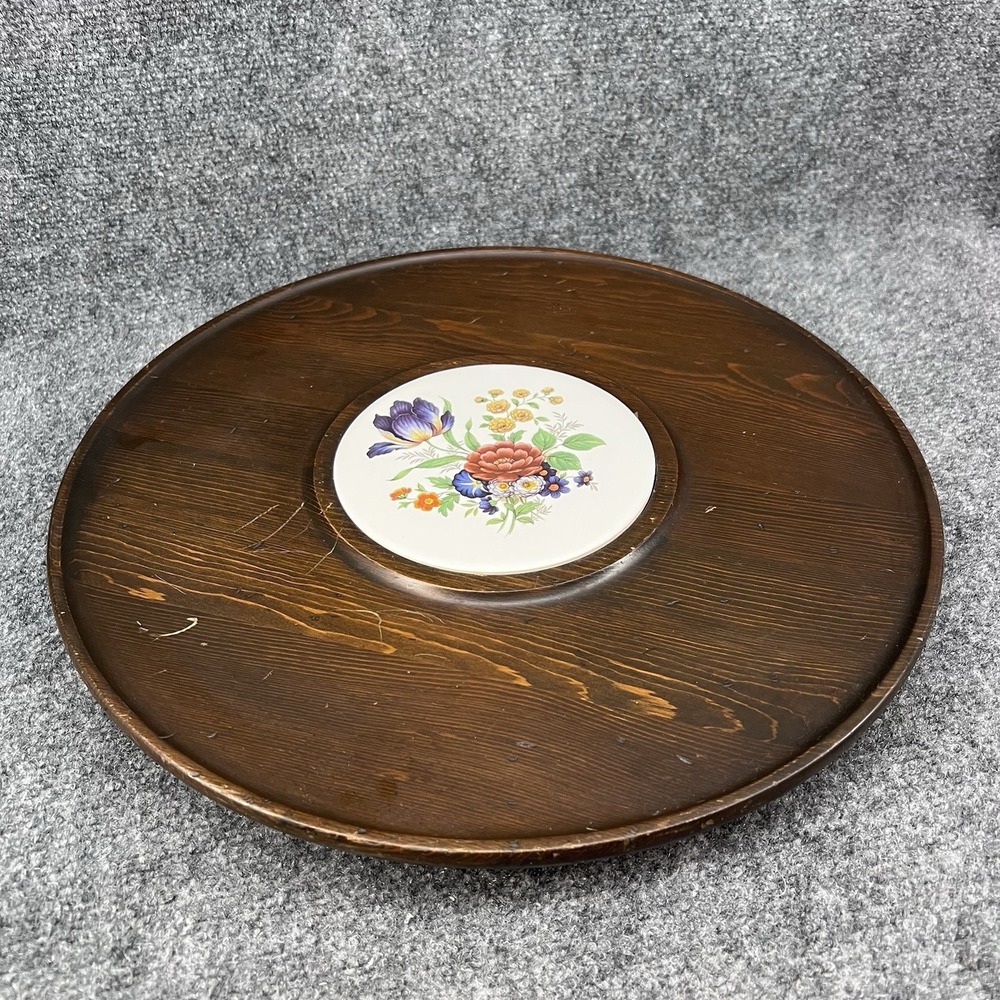 Vintage Woodbury Woodware 16" Lazy Susan Serving Tray Floral Tile Center
